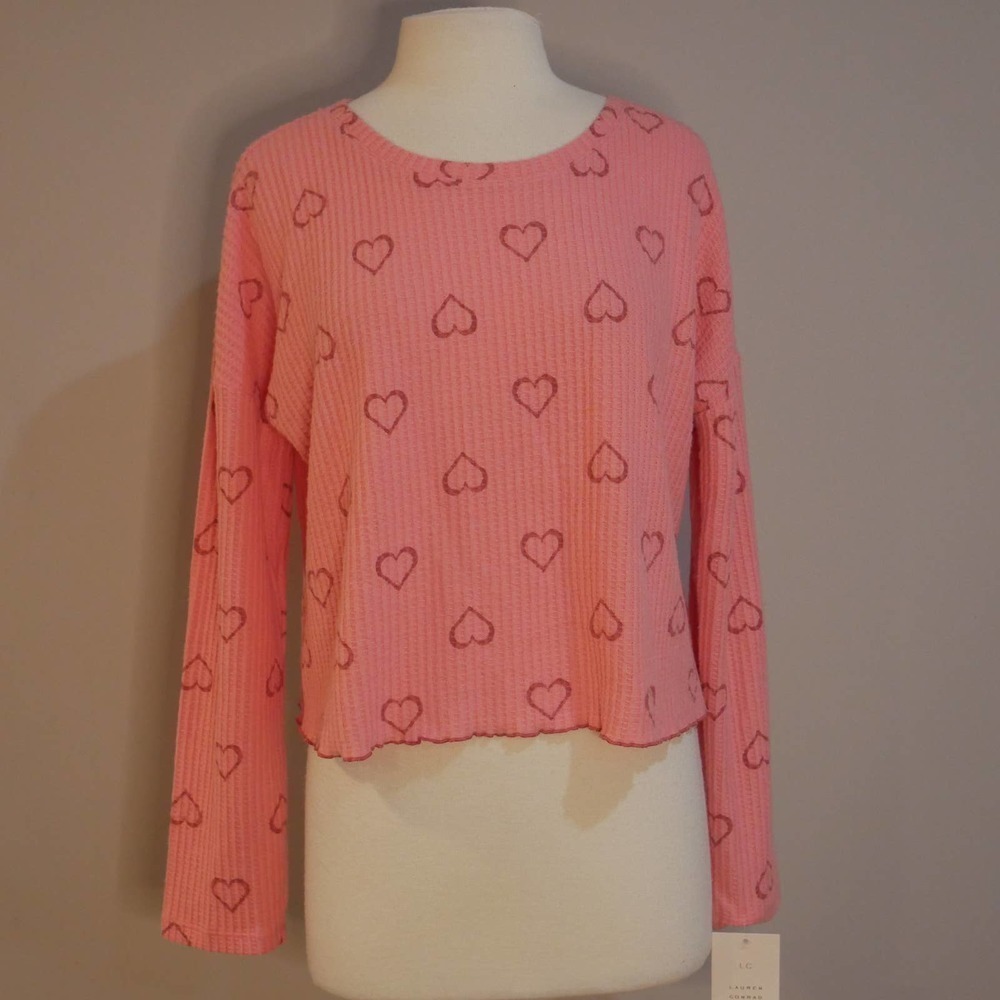 LC Lauren Conrad NWT Pink & Red Waffle Knit Heart Long Sleeve Thermal Size Large